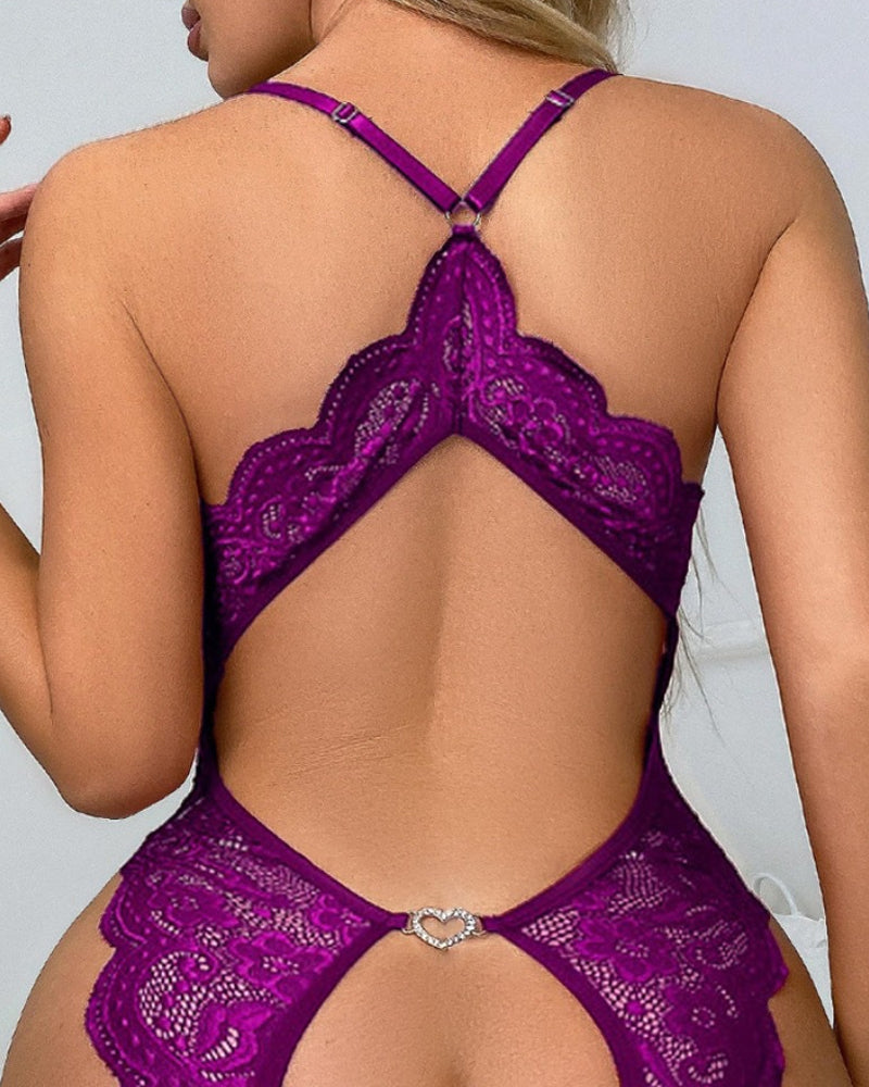 Deep V Sexy Lace Open Crotch Backless Heart Shaped Decoration One-Piece Pajamas